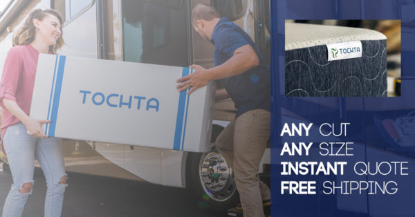 couple carrying tochta mattress into rv - any cut, any size, instant quote, free shipping